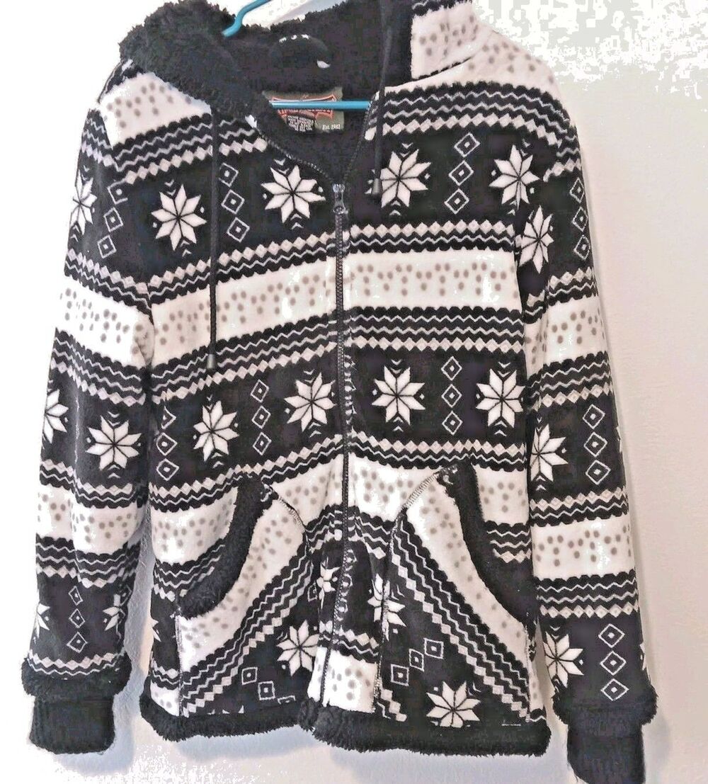 TrailCrest Sherpa Lined Full Zip Fleece Hoodie Jacket Sz S Black White Fair Isle